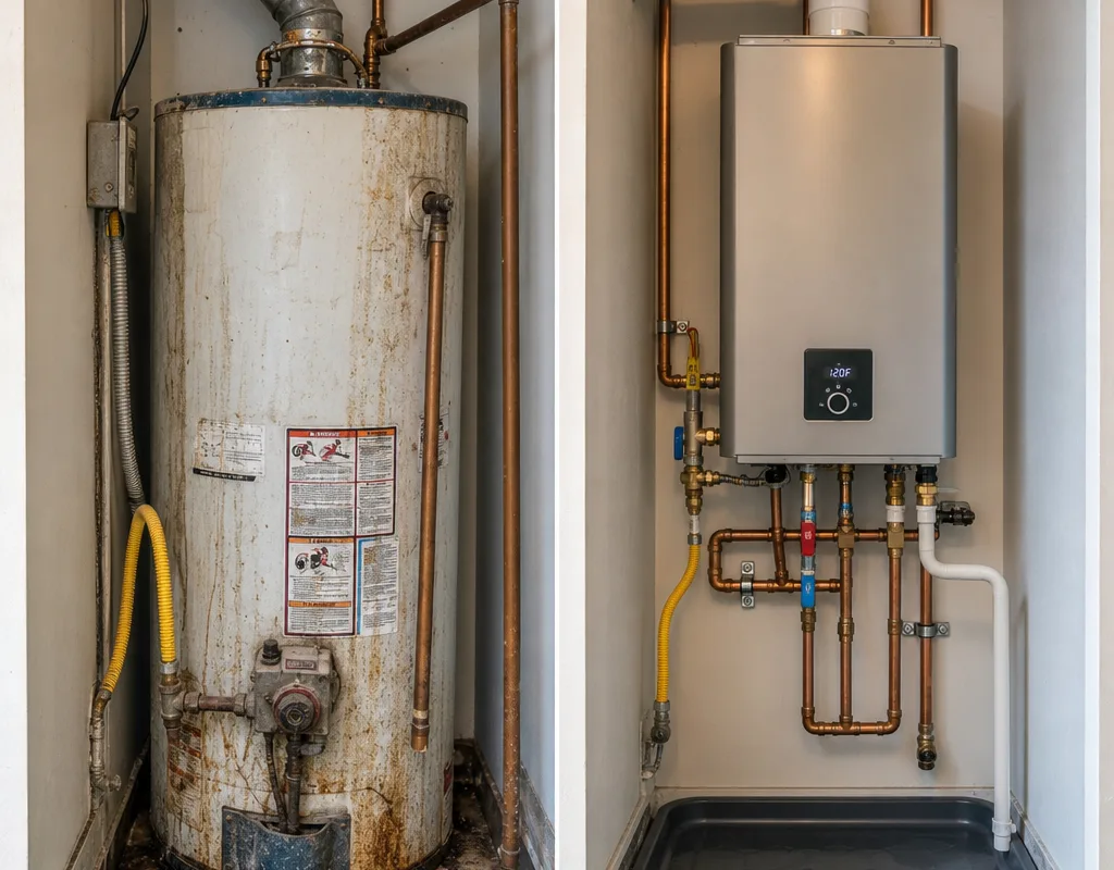 Before-and-after comparison of an older corroded tank water heater replaced with a new unit in the same Seattle utility space, showing improved piping layout and drain pan