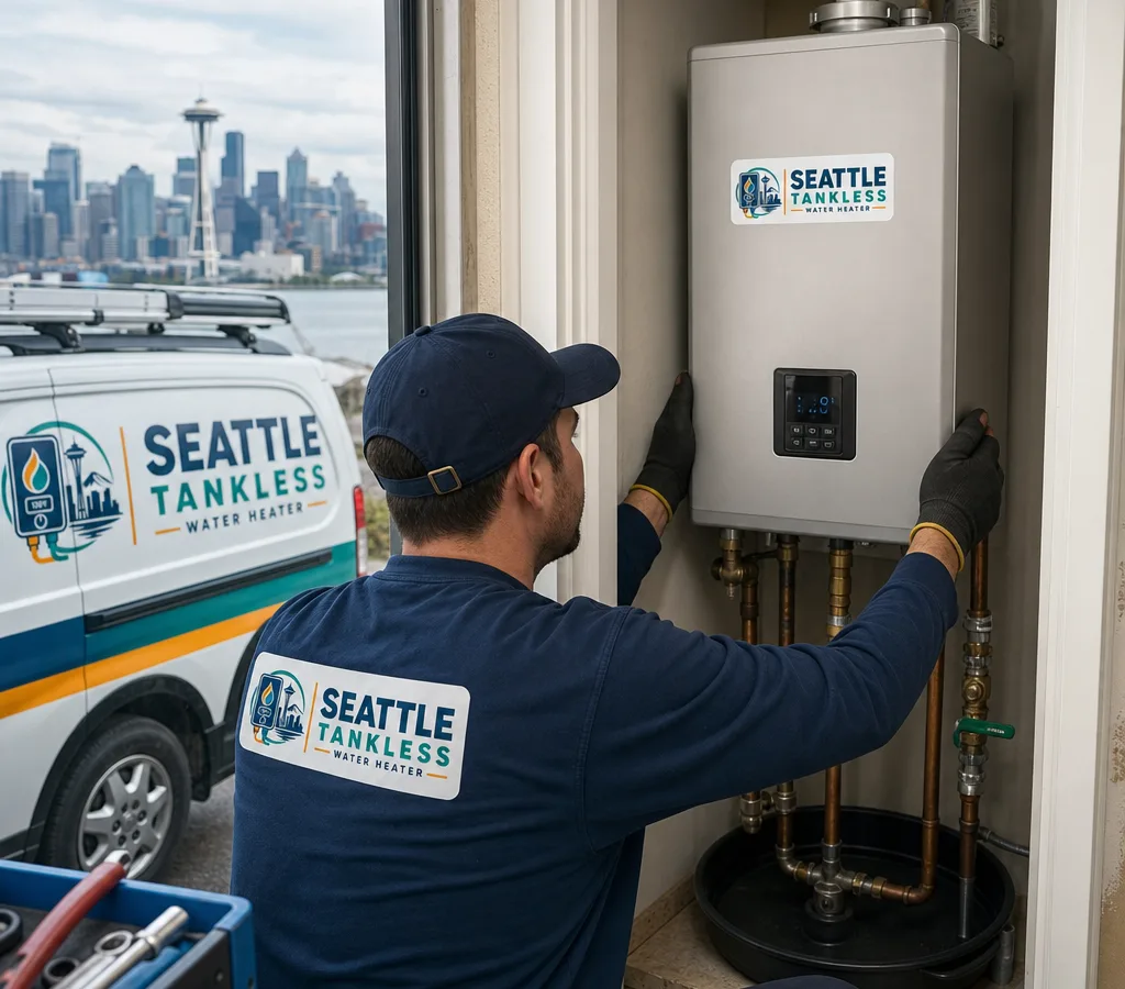 Technician positioning a new water heater in a Seattle-area utility closet with proper drain pan and shutoff visible