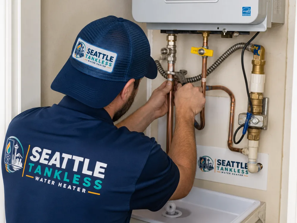 Close-up of properly connected T&P relief line, shutoff valve, and drain pan on a newly installed water heater in a tight closet
