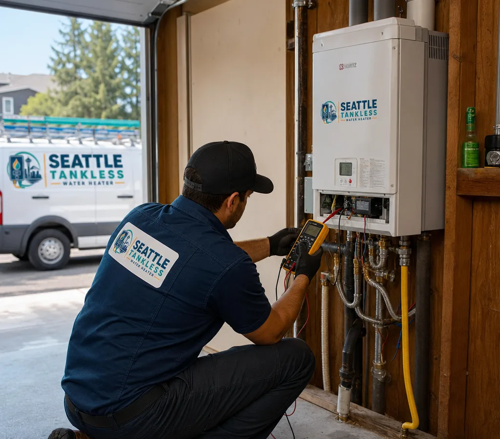 Plumber diagnosing a residential water heater in a Seattle utility space with a meter and hand tools