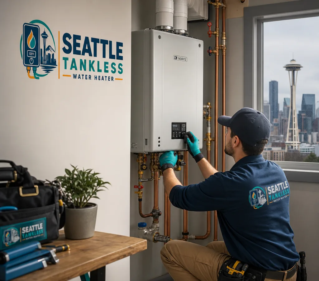 Technician working on a wall-mounted tankless water heater in a Seattle utility room with visible isolation valves and venting