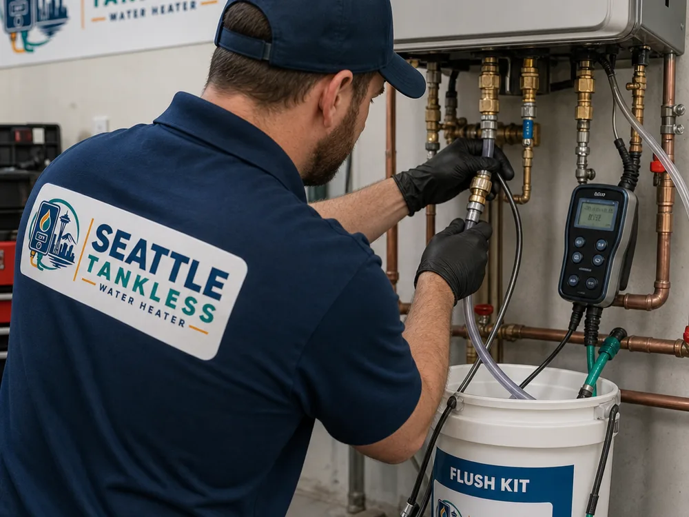 Technician connecting a flush kit to tankless water heater service valves for descaling and diagnostic testing