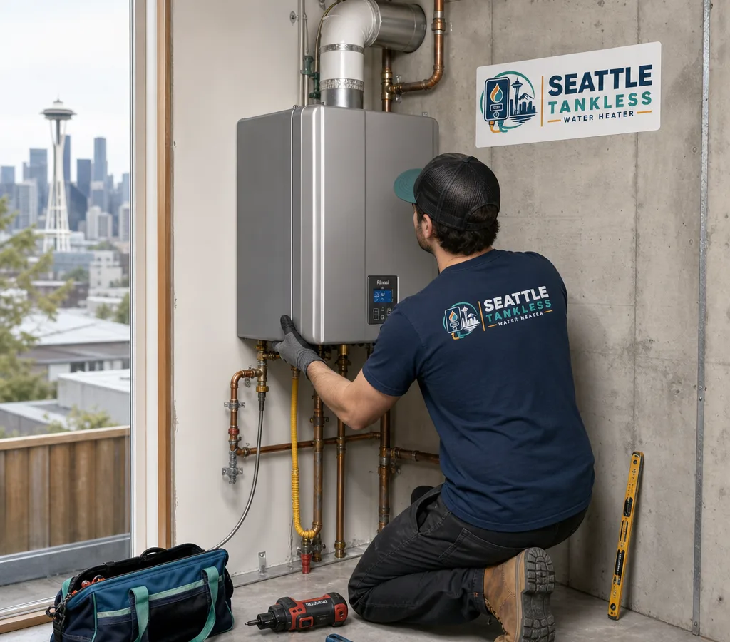 Licensed technician positioning a new water heater in a Seattle home utility area with proper venting and piping visible
