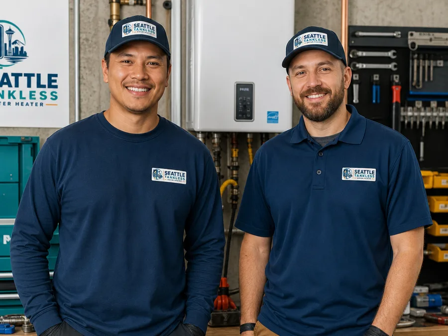 Two company technicians in a tidy workspace with tankless service tools and water heater parts